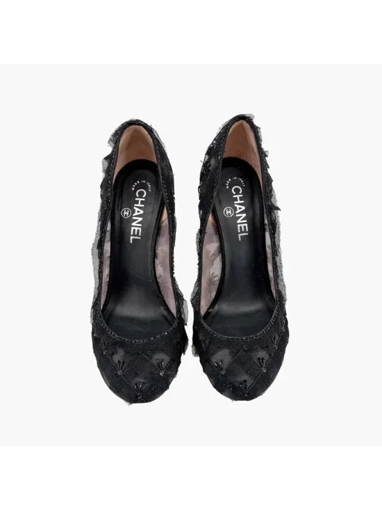 Chanel CC Bead-Embellished Pumps Black Mesh Lace Heels Size 38.5 US 7.5-8 - Picture 2 of 16